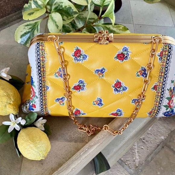 TORY BURCH CLEO QUILTED FLORAL YELLOW TEA ROSE CHAIN BAG. - Picture 2 of 5